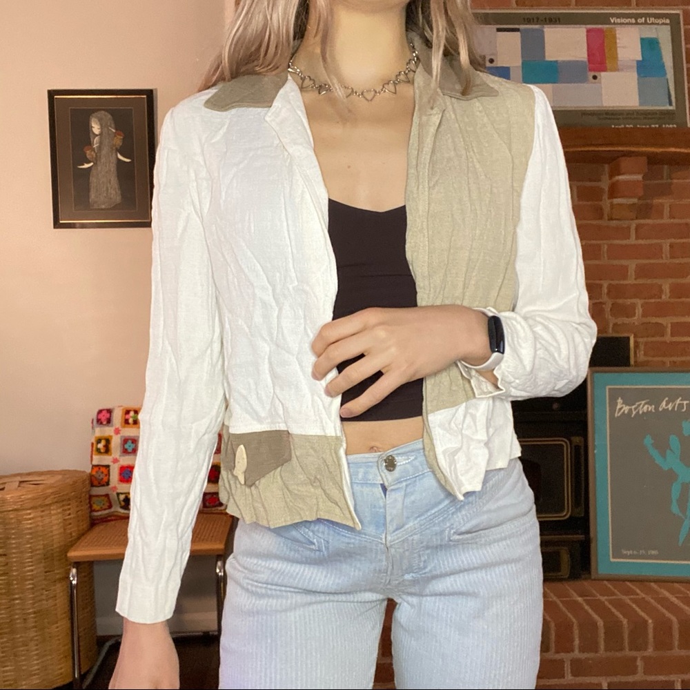 Vintage 90s Virgo II Lightweight Patchwork Neutral Crinkle Cardigan Lage…